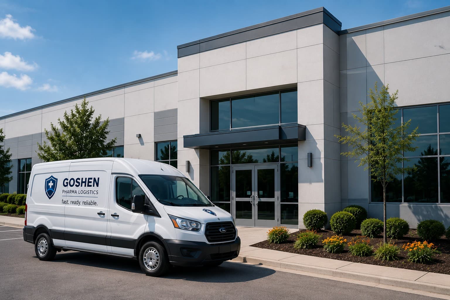 Goshen Pharma Logistics facility and delivery van in South Bend, Indiana
