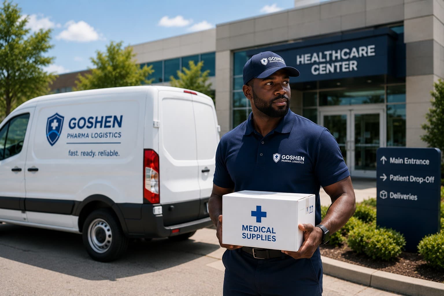 Healthcare courier delivering medical supplies outside a healthcare facility